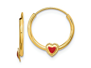 14k Yellow Gold 1/2" Polished Red Enameled Heart Hoop Earrings