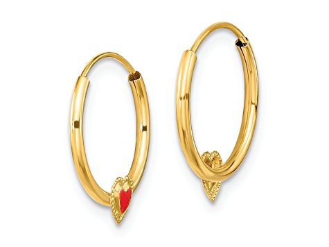 14k Yellow Gold 1/2" Polished Red Enameled Heart Hoop Earrings
