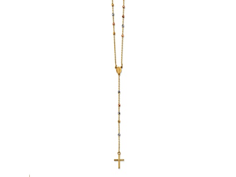 14K Yellow, White and Rose Gold Polished Bead Rosary Hollow Miraculous Medal 24-inch