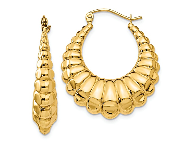 14k Yellow Gold Polished and Textured 9/16" Scalloped Hoop Earrings
