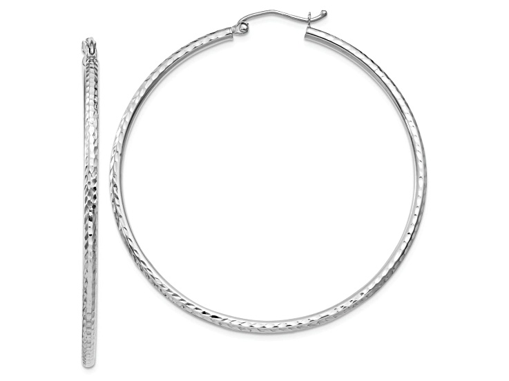 Rhodium Over 14k White Gold Diamond-Cut 1 15/16" Round Tube Hoop Earrings