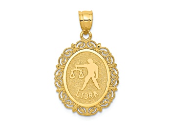 Picture of 14k Yellow Gold Solid Satin, Polished and Textured Libra Zodiac Oval Pendant