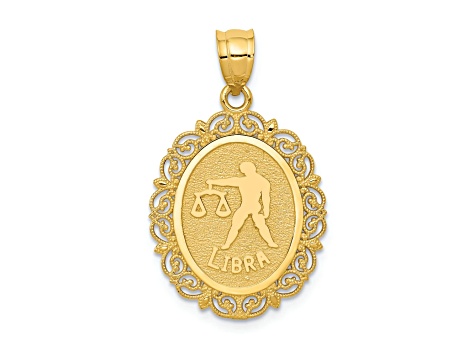 14k Yellow Gold Solid Satin, Polished and Textured Libra Zodiac Oval Pendant