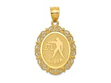 14k Yellow Gold Solid Satin, Polished and Textured Libra Zodiac Oval Pendant