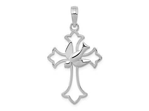 Rhodium Over 14K White Gold Polished Cross with Dove Charm