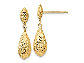 14k Yellow Gold Diamond-Cut Puff Teardrop Dangle Earrings