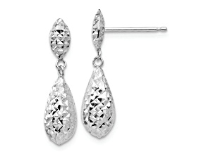 Rhodium Over 14k White Gold Diamond-Cut Puffed Teardrop Dangle Earrings