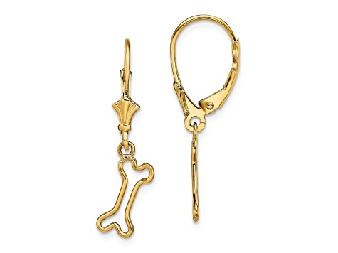 14k Yellow Gold 3D Mini Dog Bone Dangle Earrings