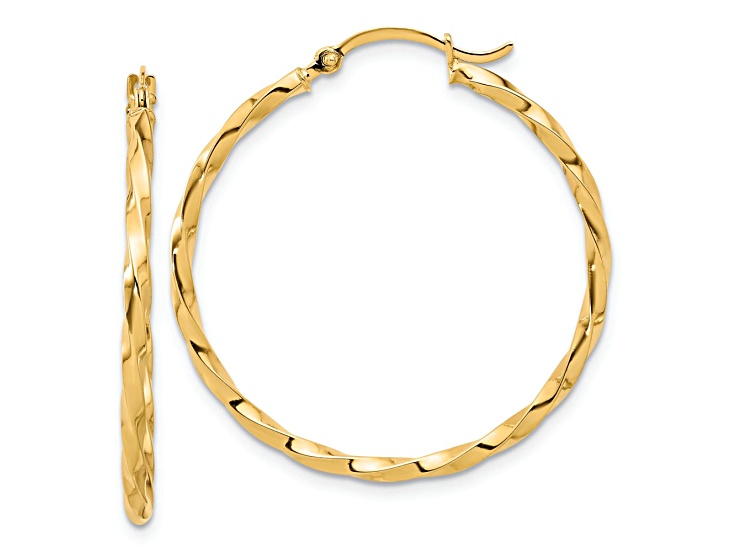 14k Yellow Gold Polished and Twisted 1 5/16" Hoop Earrings