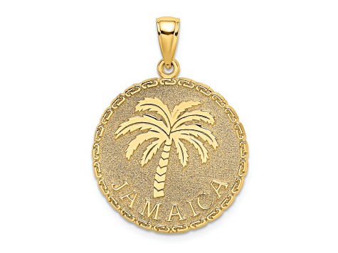14k Yellow Gold Textured JAMAICA and Palm Tree Disk Charm