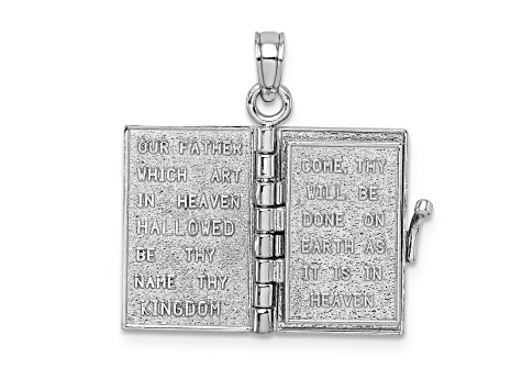 Rhodium Over 14K White Gold 3-D Holy Bible with Lord's Prayer Moveable Charm
