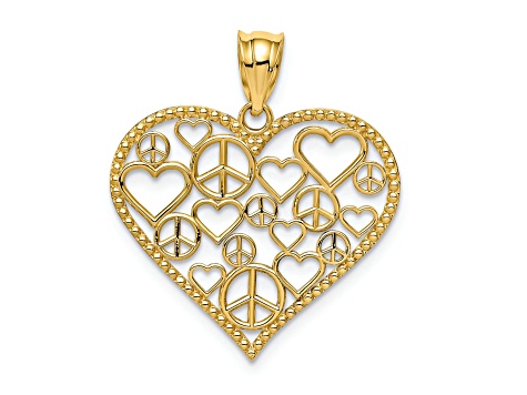 14k Yellow Gold Polished and Textured Hearts and Peace Signs in Heart Pendant