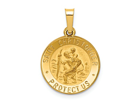 14K Yellow Gold Polished and Satin St. Christopher Medal Hollow Pendant