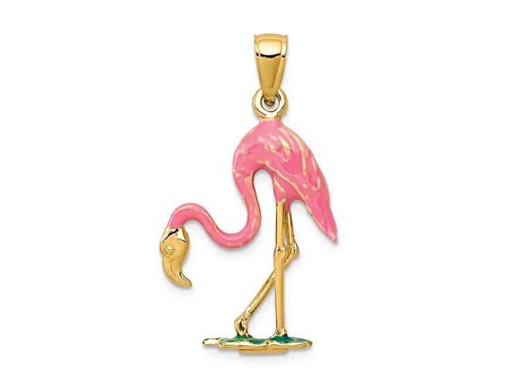 14k Yellow Gold Multi-color Enameled 3D Pink Flamingo Pendant