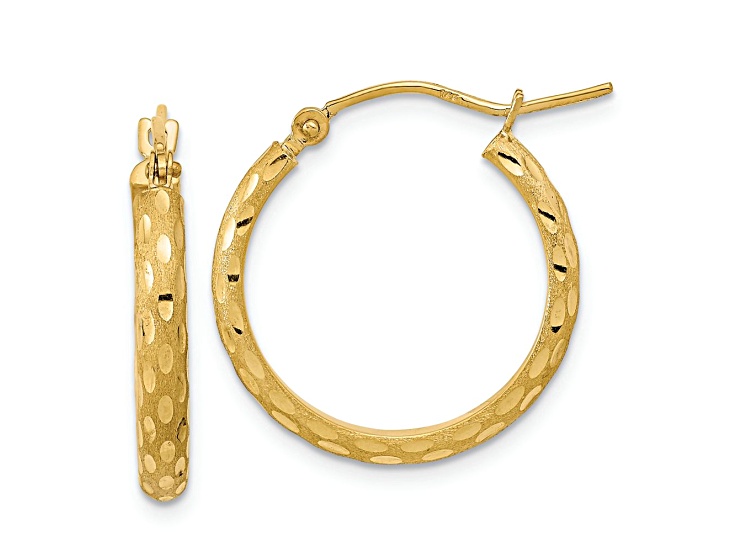 14k Yellow Gold 13/16" Polished and Satin Diamond-Cut Hoop Earrings