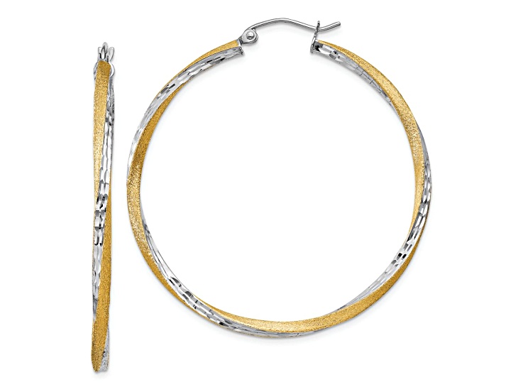 14k Yellow Gold and Rhodium Over 14k Yellow Gold Satin and Diamond-cut 1 3/4" Twisted Hoop Earrings