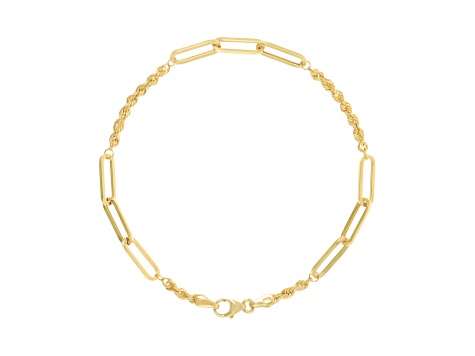 10K Yellow Gold 2.5 and 3.8 mm Rope & Paperclip Link Station Bracelet, 7.5 Inches