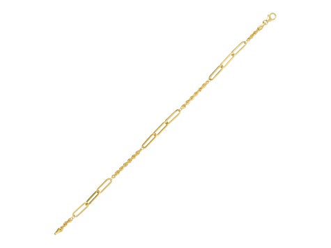 10K Yellow Gold 2.5 and 3.8 mm Rope & Paperclip Link Station Bracelet, 7.5 Inches