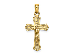 14k Yellow Gold Textured Crucifix with Beveled Edges Charm