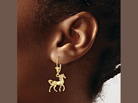 14k Yellow Gold 3D Polished and Textured Horse Dangle Earrings