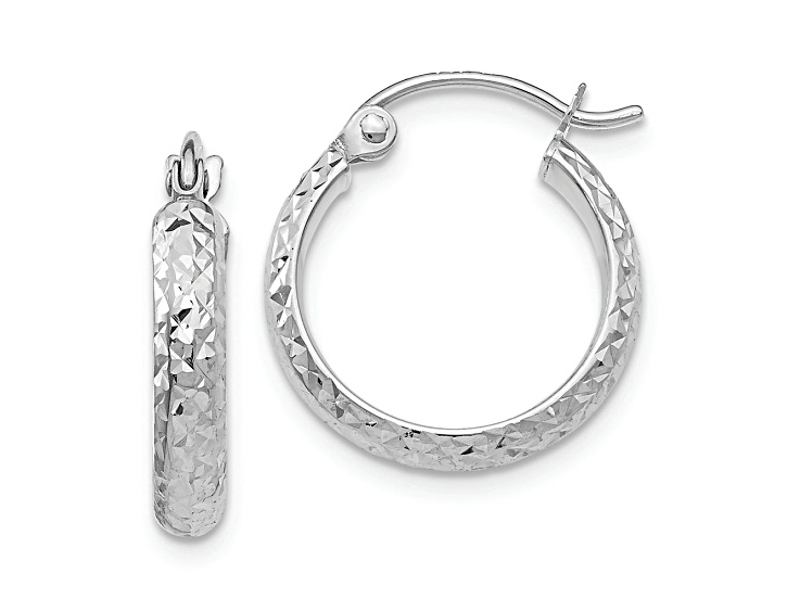 Rhodium Over 10k White Gold 9/16" Diamond-Cut Hoop Earrings