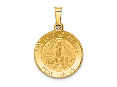 14K Yellow Gold Polished and Satin Our Lady Fatima Medal Hollow Pendant