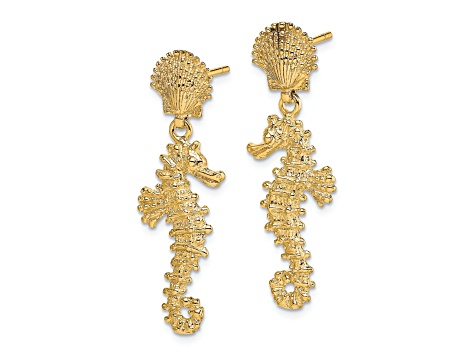 14k Yellow Gold Textured Seahorse Dangling From Shell Earrings