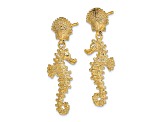 14k Yellow Gold Textured Seahorse Dangling From Shell Earrings