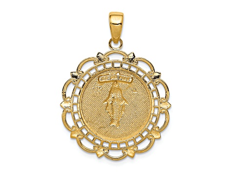14K Yellow Gold Polished Miraculous Medal With Scallop Frame Pendant
