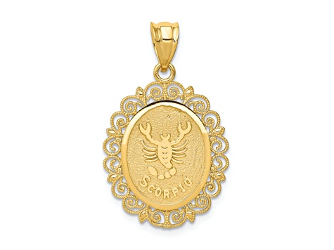 14k Yellow Gold Solid Satin, Polished and Textured Scorpio Zodiac Oval Pendant