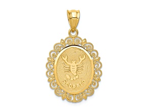 14k Yellow Gold Solid Satin, Polished and Textured Scorpio Zodiac Oval Pendant