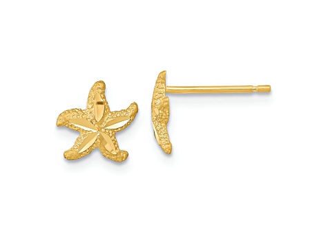 14k Yellow Gold Satin and Diamond-Cut Starfish Stud Earrings