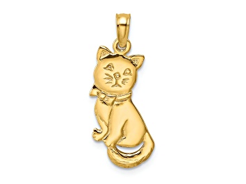 Picture of 14K Yellow Gold 3D Polished and Bow Sitting Cat Charm