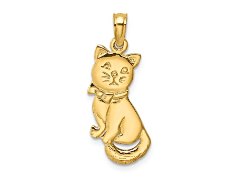 14K Yellow Gold 3D Polished and Bow Sitting Cat Charm