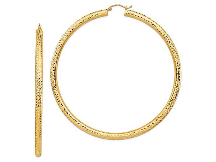 14k Yellow Gold 3 1/4" Diamond-Cut Round Tube Hoop Earrings