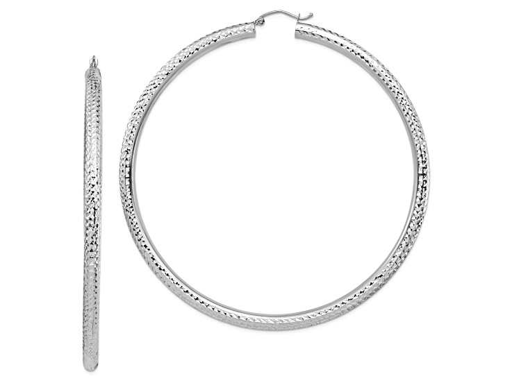 Rhodium Over 14k White Gold 3 1/4" Diamond-Cut Round Tube Hoop Earrings