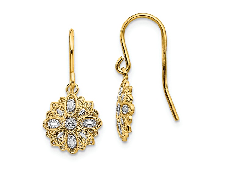14k Yellow Gold and Rhodium Over 14k Yellow Gold Diamond-Cut Polished Fancy Dangle Earrings