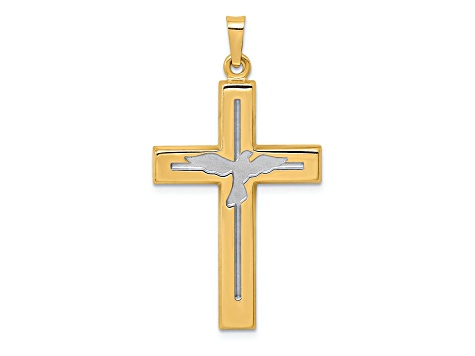 14K Yellow Gold with White Rhodium Polished and Satin Cross Dove Pendant