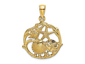 14k Yellow Gold Textured Shell Cluster In Circle Charm