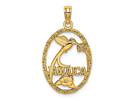 14k Yellow Gold Textured Jamaica with Bird and Flowers pendant
