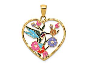 14K Yellow Gold Enameled Hummingbird with Flowers Heart Pendant