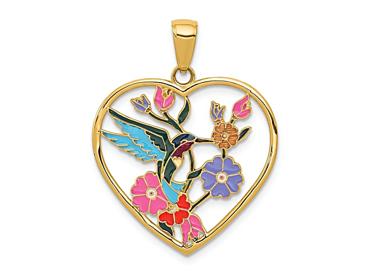14K Yellow Gold Enameled Hummingbird with Flowers Heart Pendant