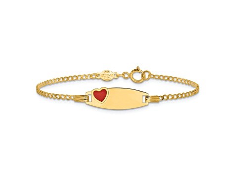 14k Yellow Gold Polished Kids ID with Red Enameled Heart Bracelet