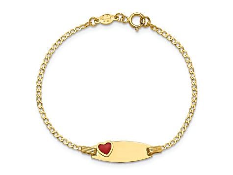 14k Yellow Gold Polished Kids ID with Red Enameled Heart Bracelet