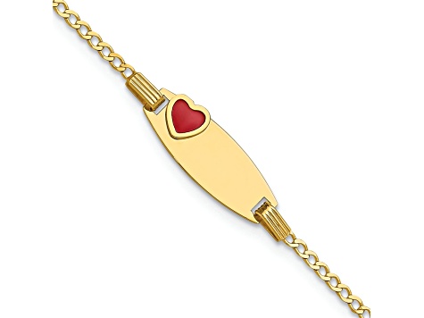 14k Yellow Gold Polished Kids ID with Red Enameled Heart Bracelet