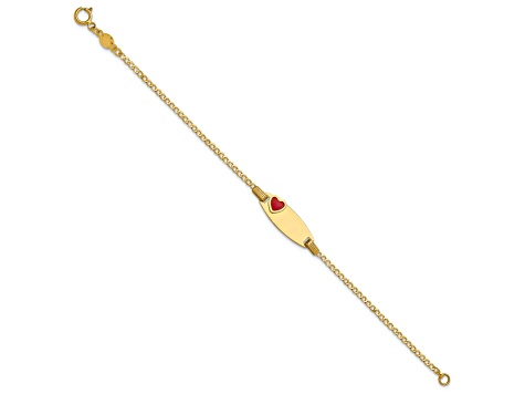 14k Yellow Gold Polished Kids ID with Red Enameled Heart Bracelet