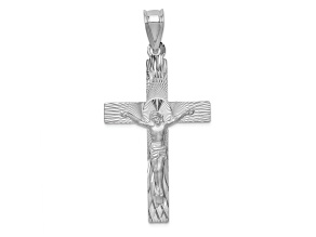 Rhodium Over 14k White Gold Diamond-Cut and Textured Crucifix Pendant