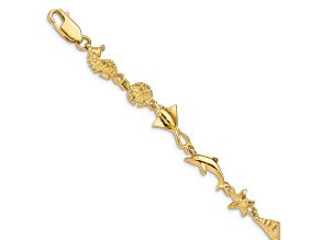 14k Yellow Gold Polished and Textured Ocean Motif Link Bracelet