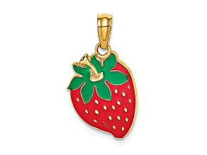 14k Yellow Gold with Enameled Strawberry With Leaf Charm