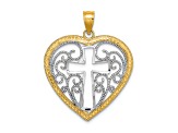 Rhodium Over 14K Two-tone Gold Cut-Out and Beaded Filigree Heart with Cross Charm Pendant
